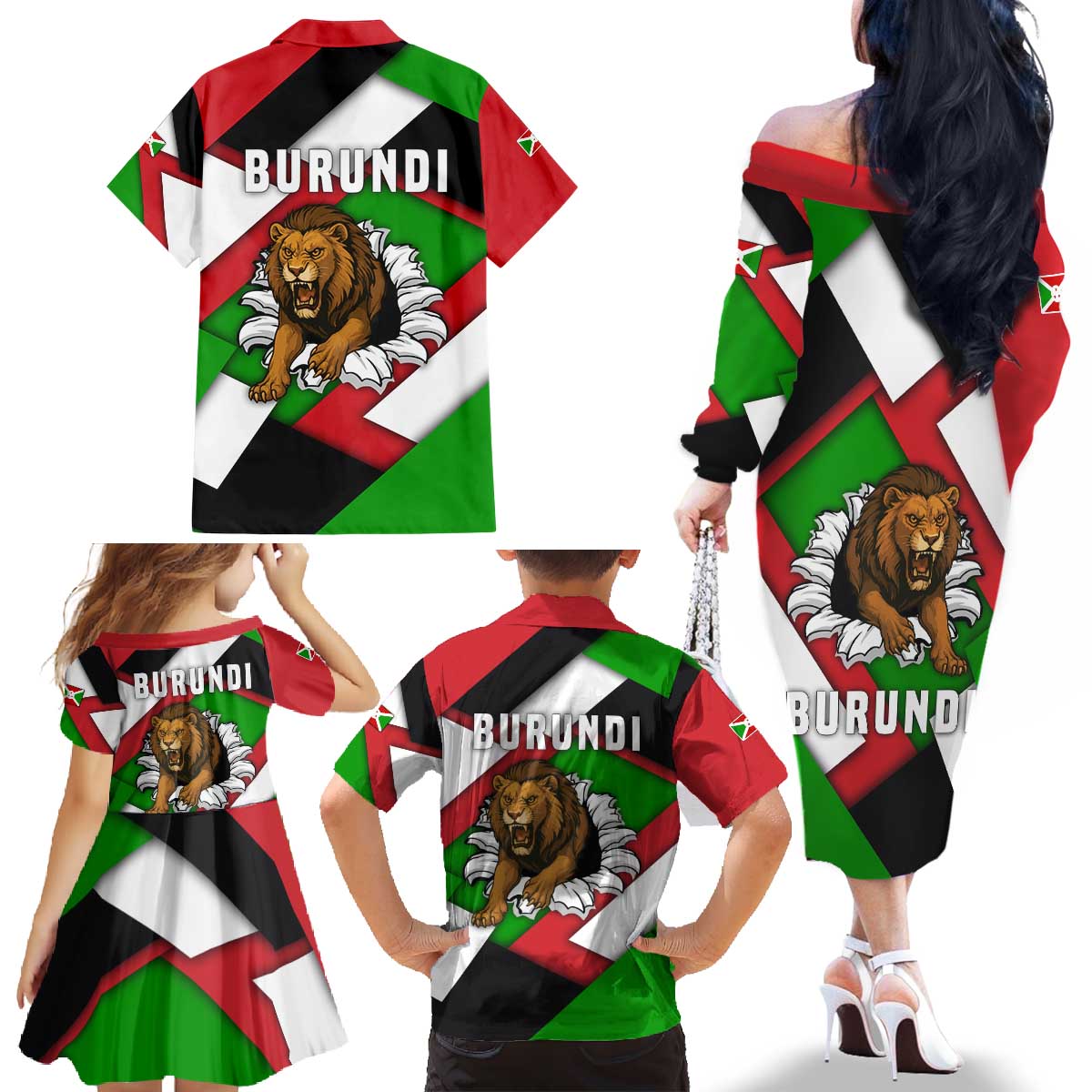 Burundi - Roaring Lion Family Matching Off The Shoulder Long Sleeve Dress and Hawaiian Shirt with National Flag Colors