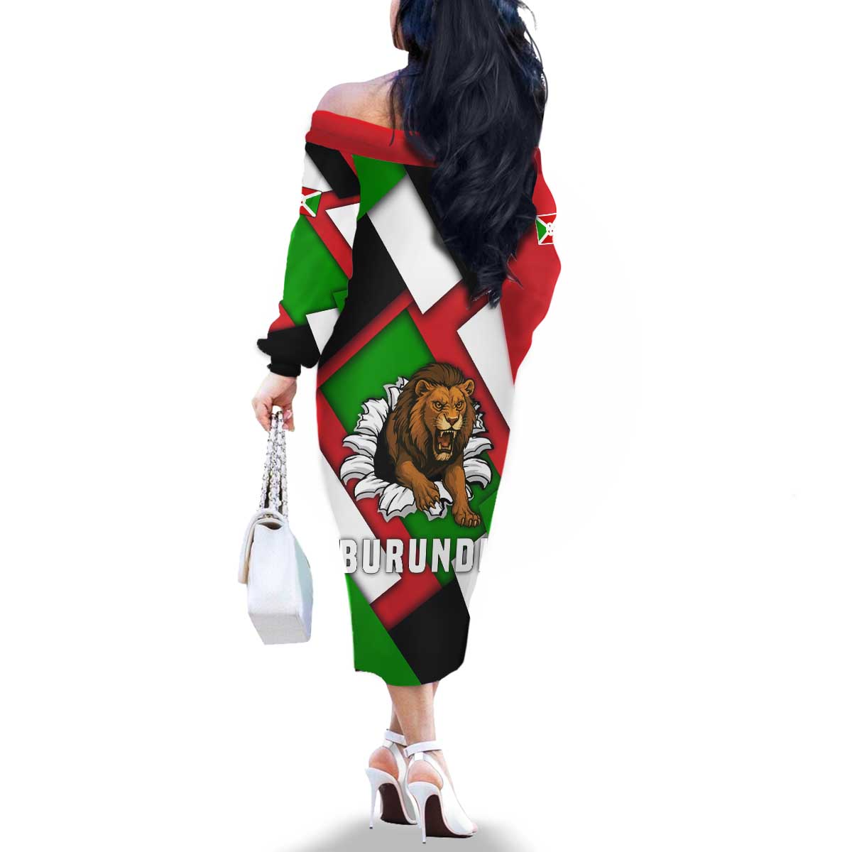 Burundi - Roaring Lion Family Matching Off The Shoulder Long Sleeve Dress and Hawaiian Shirt with National Flag Colors