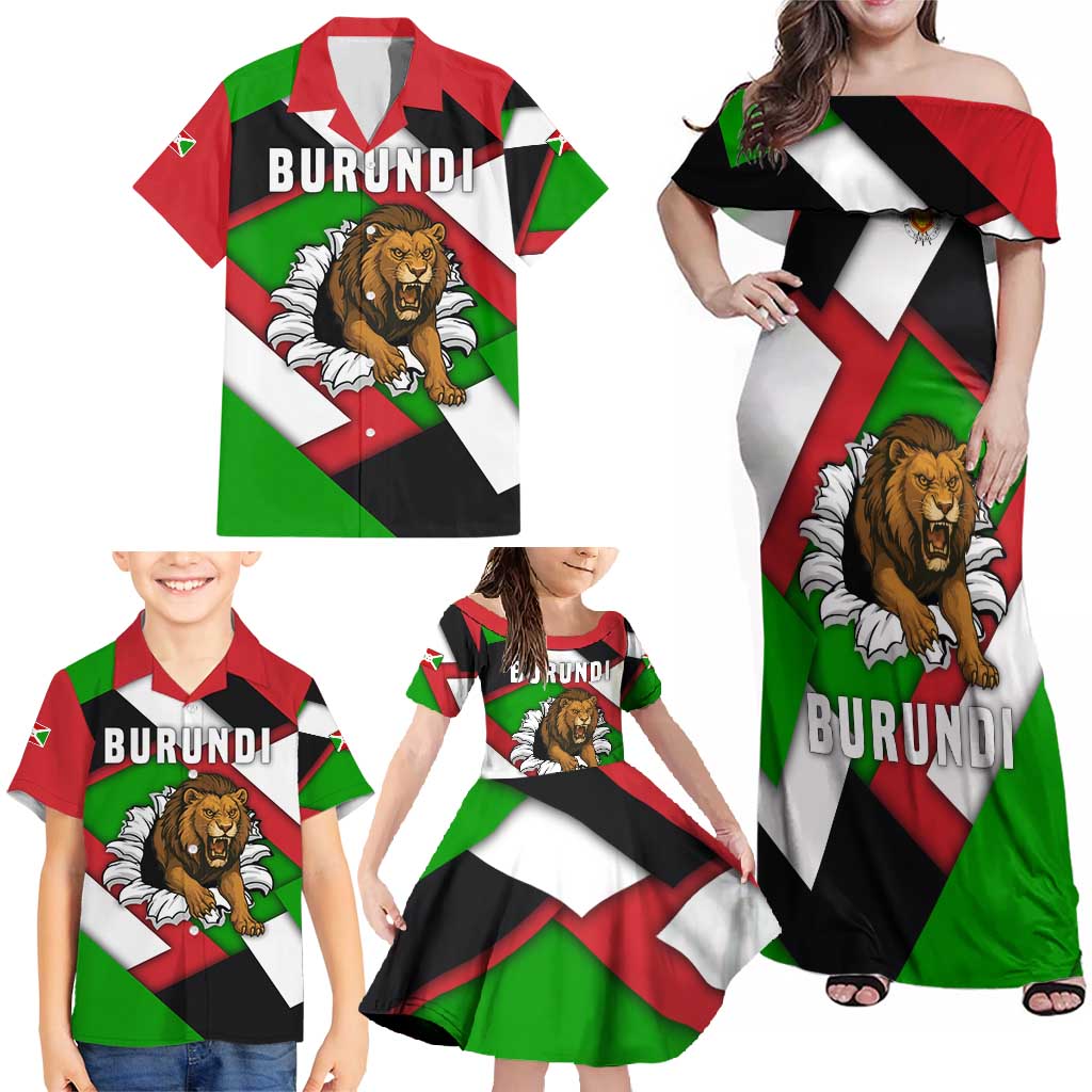 Burundi - Roaring Lion Family Matching Off Shoulder Maxi Dress and Hawaiian Shirt with National Flag Colors