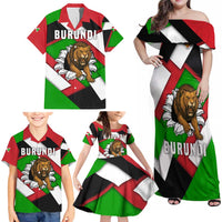 Burundi - Roaring Lion Family Matching Off Shoulder Maxi Dress and Hawaiian Shirt with National Flag Colors