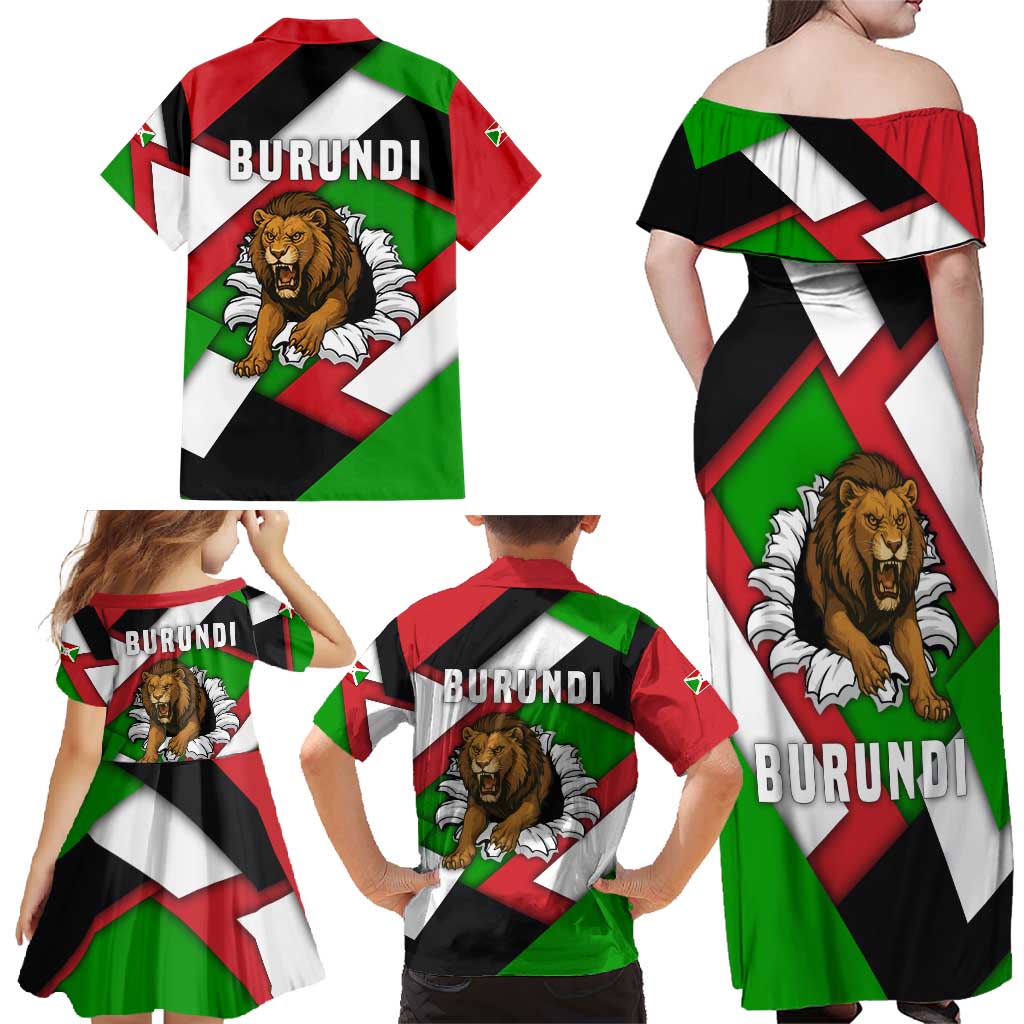 Burundi - Roaring Lion Family Matching Off Shoulder Maxi Dress and Hawaiian Shirt with National Flag Colors