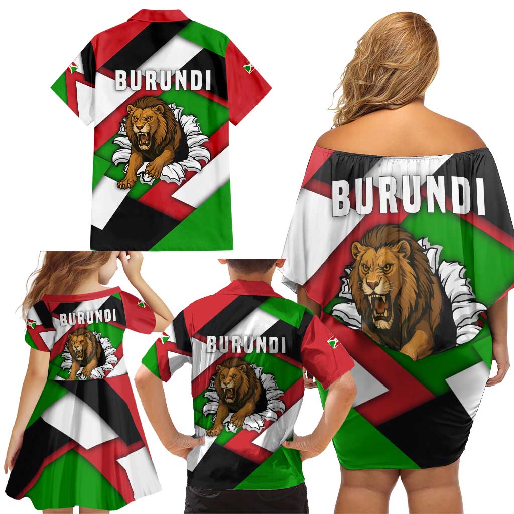 Burundi - Roaring Lion Family Matching Off Shoulder Short Dress and Hawaiian Shirt with National Flag Colors