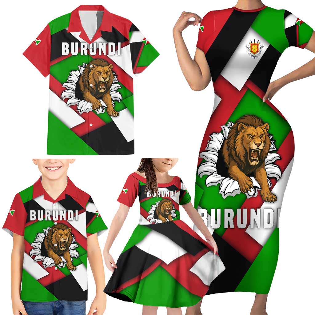 Burundi - Roaring Lion Family Matching Short Sleeve Bodycon Dress and Hawaiian Shirt with National Flag Colors