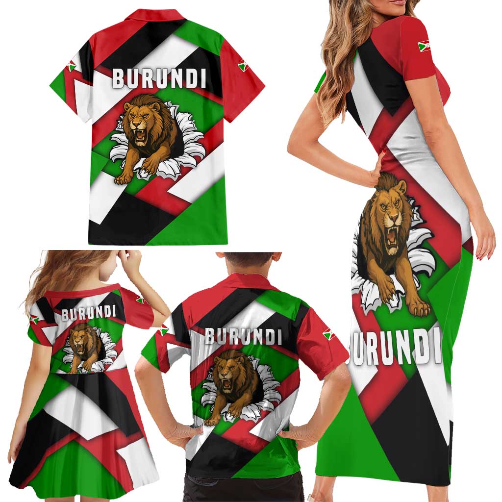 Burundi - Roaring Lion Family Matching Short Sleeve Bodycon Dress and Hawaiian Shirt with National Flag Colors
