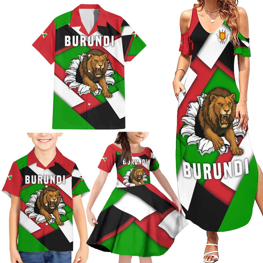 Burundi - Roaring Lion Family Matching Summer Maxi Dress and Hawaiian Shirt with National Flag Colors
