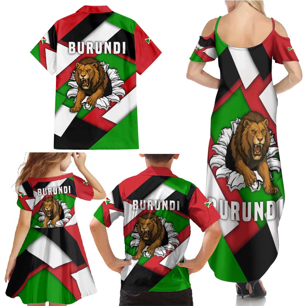 Burundi - Roaring Lion Family Matching Summer Maxi Dress and Hawaiian Shirt with National Flag Colors