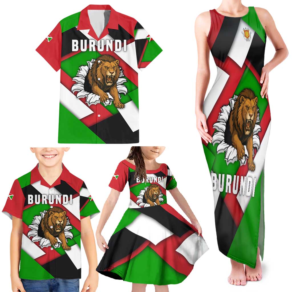 Burundi - Roaring Lion Family Matching Tank Maxi Dress and Hawaiian Shirt with National Flag Colors