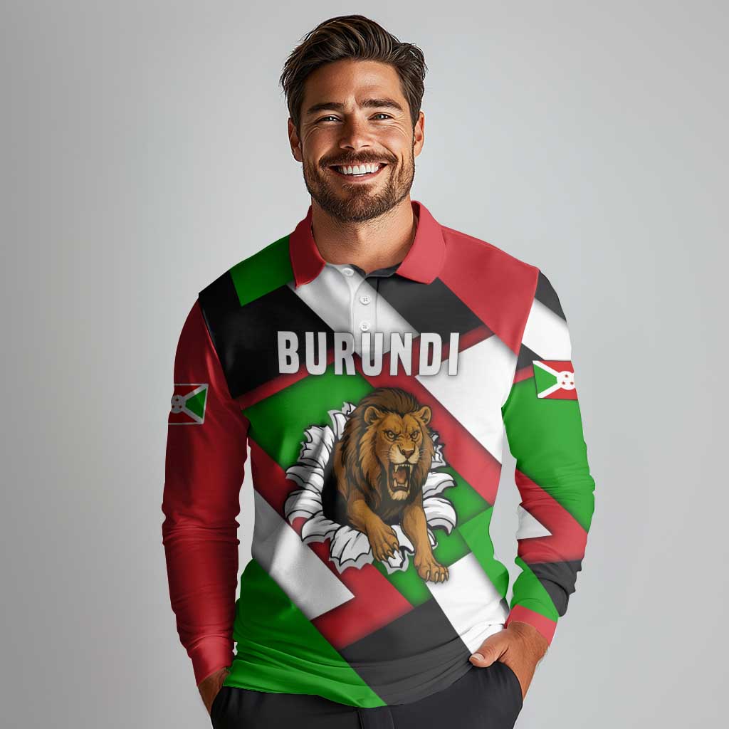 Burundi - Roaring Lion Long Sleeve Polo Shirt with National Flag Colors
