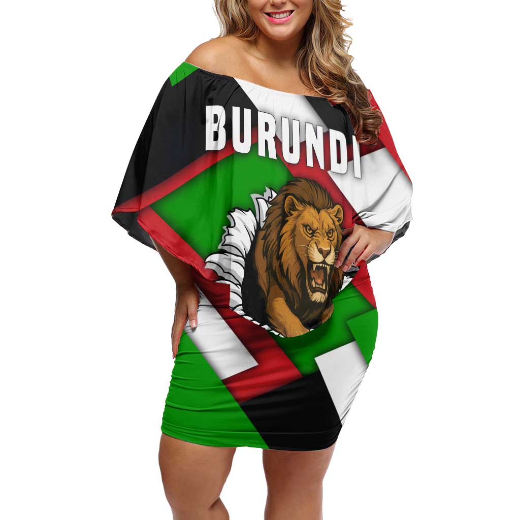 Burundi - Roaring Lion Off Shoulder Short Dress with National Flag Colors