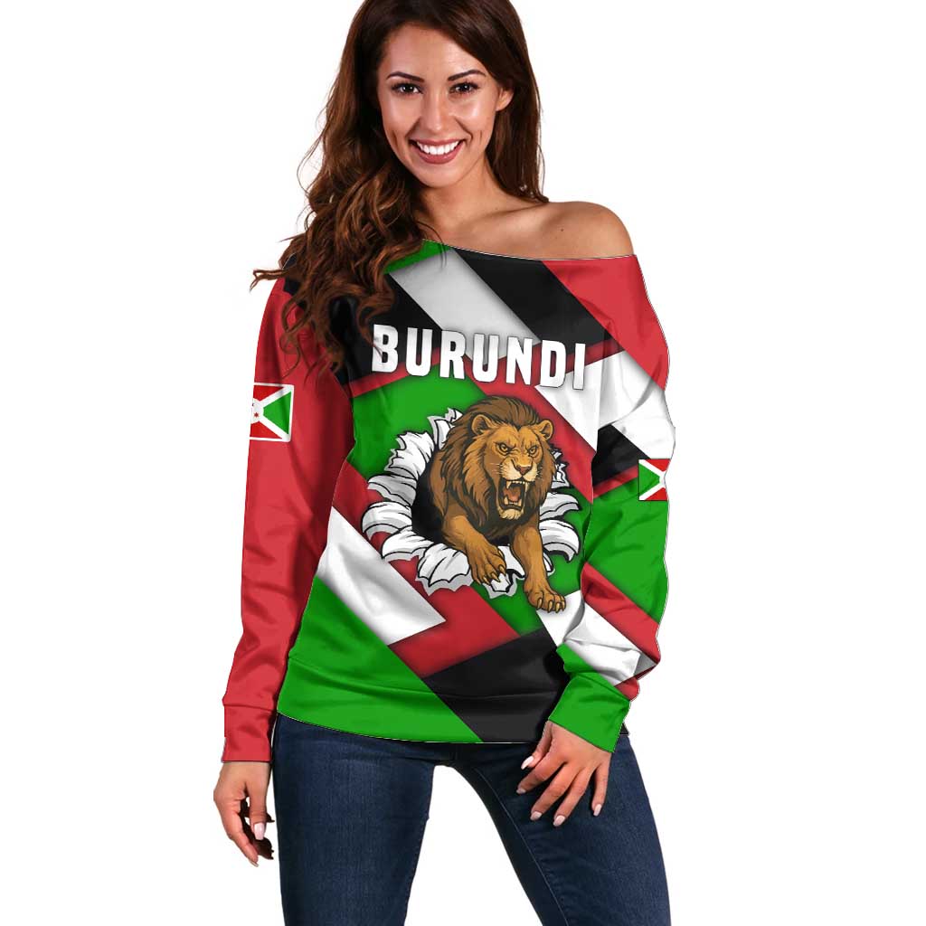 Burundi - Roaring Lion Off Shoulder Sweater with National Flag Colors