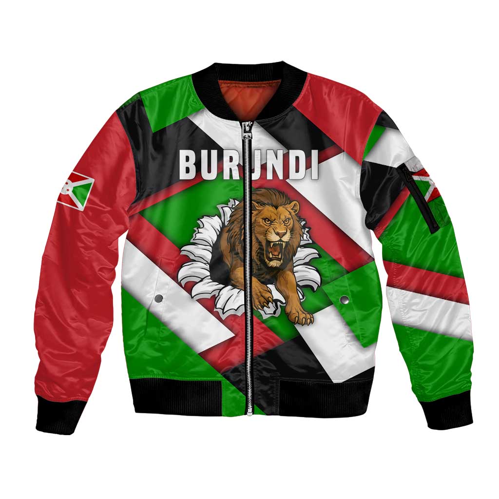 Burundi - Roaring Lion Sleeve Zip Bomber Jacket with National Flag Colors