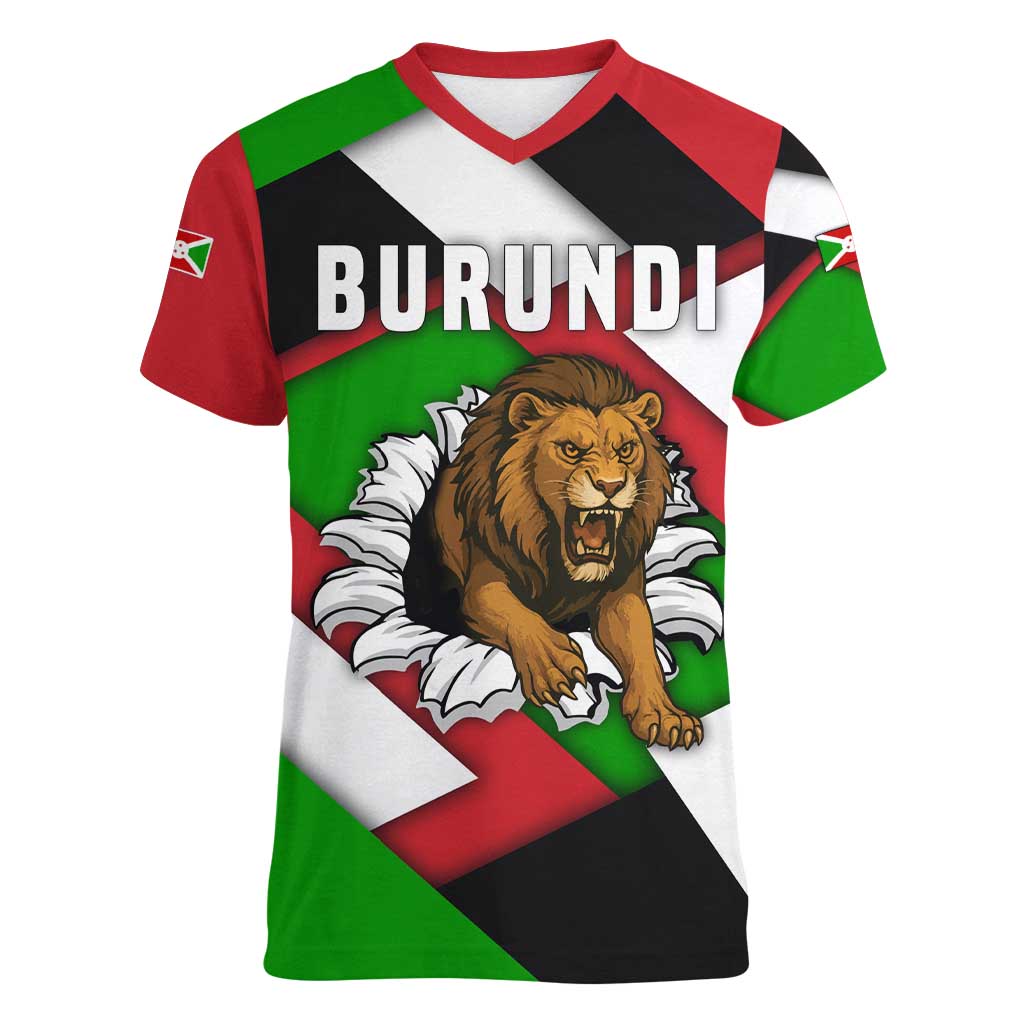 Burundi - Roaring Lion Women V-Neck T-Shirt with National Flag Colors