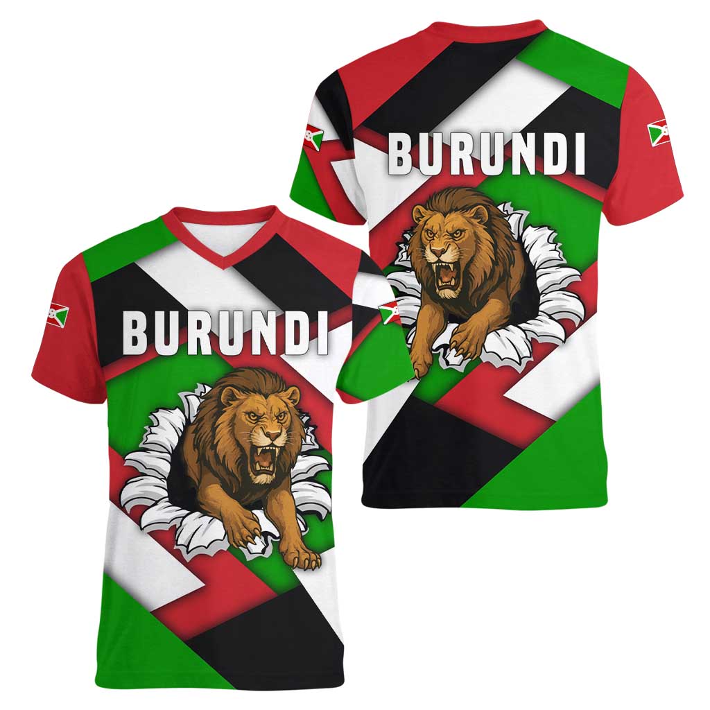 Burundi - Roaring Lion Women V-Neck T-Shirt with National Flag Colors