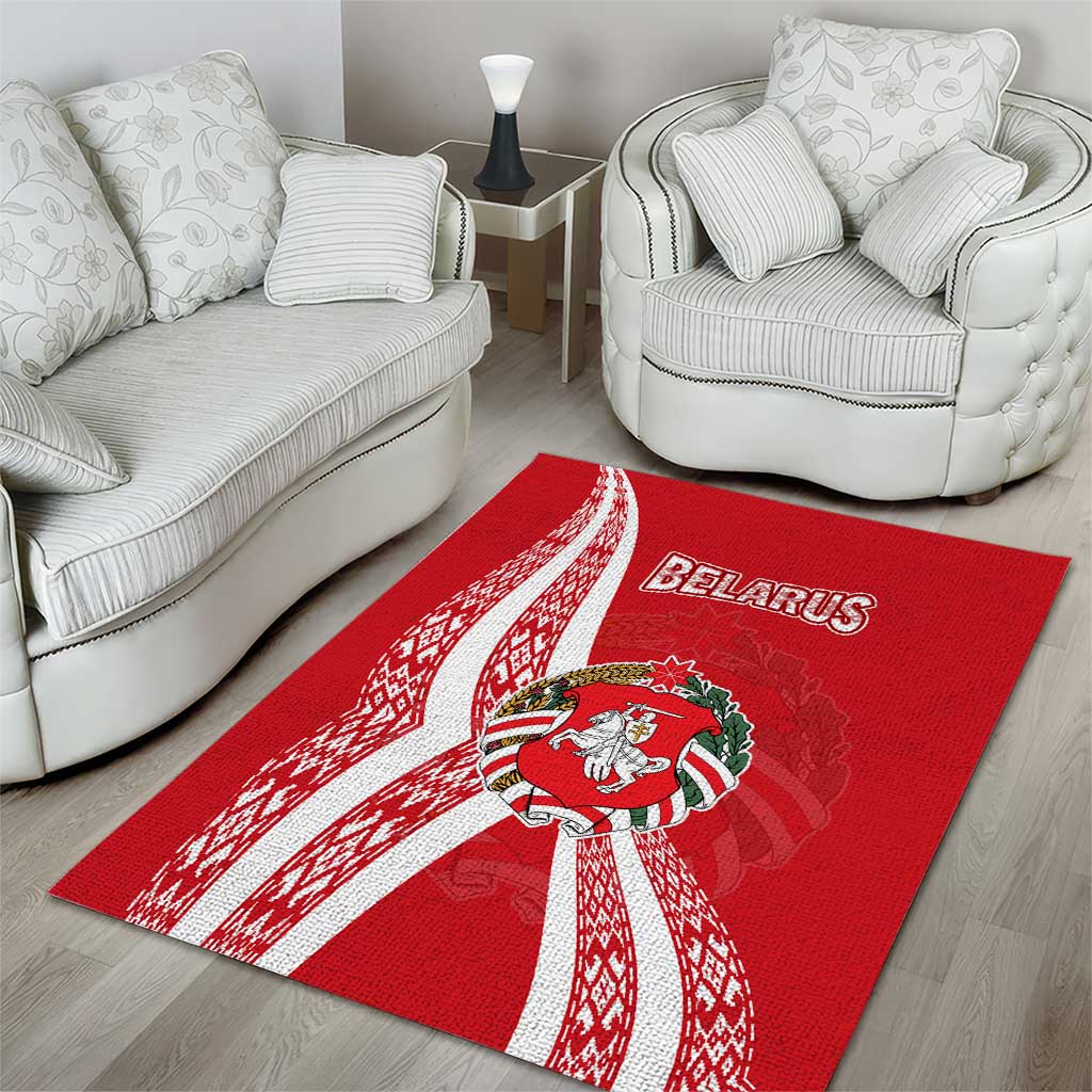 Belarus Area Rug with National Emblem and Traditional Pattern Red