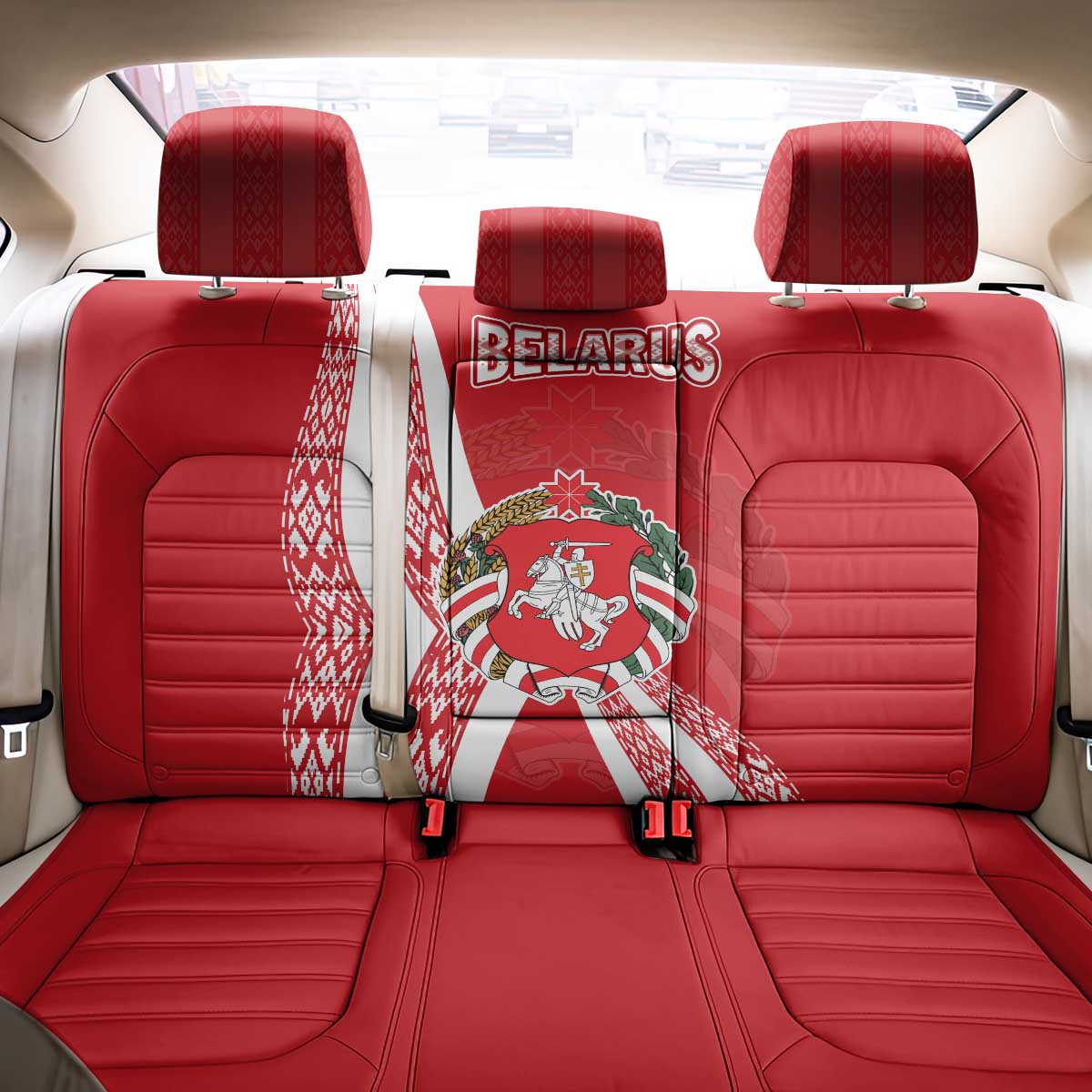 Belarus Back Car Seat Cover with National Emblem and Traditional Pattern Red