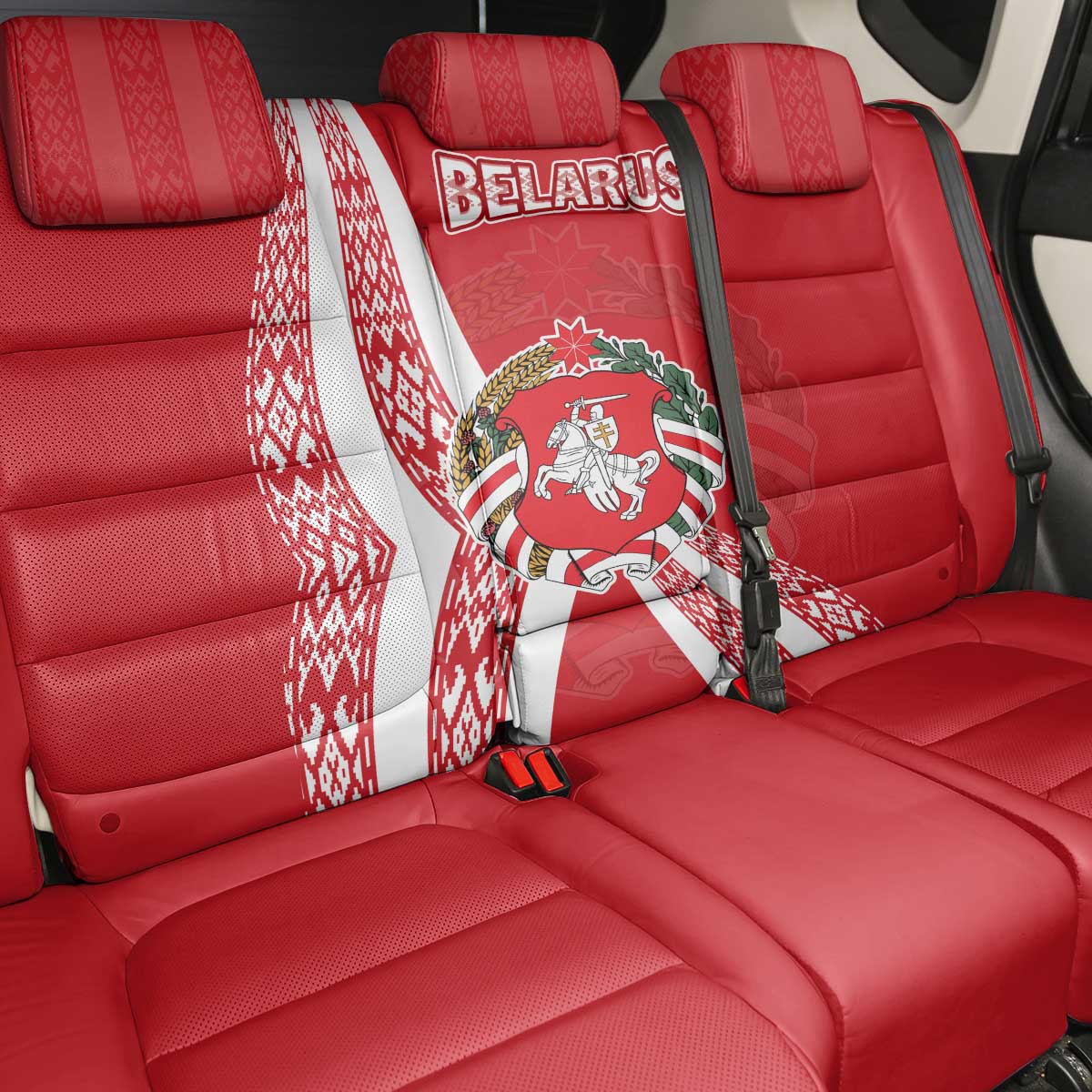 Belarus Back Car Seat Cover with National Emblem and Traditional Pattern Red
