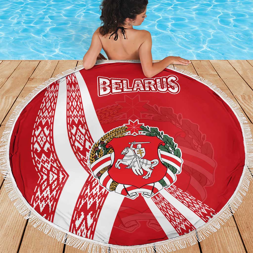 Belarus Beach Blanket with National Emblem and Traditional Pattern Red
