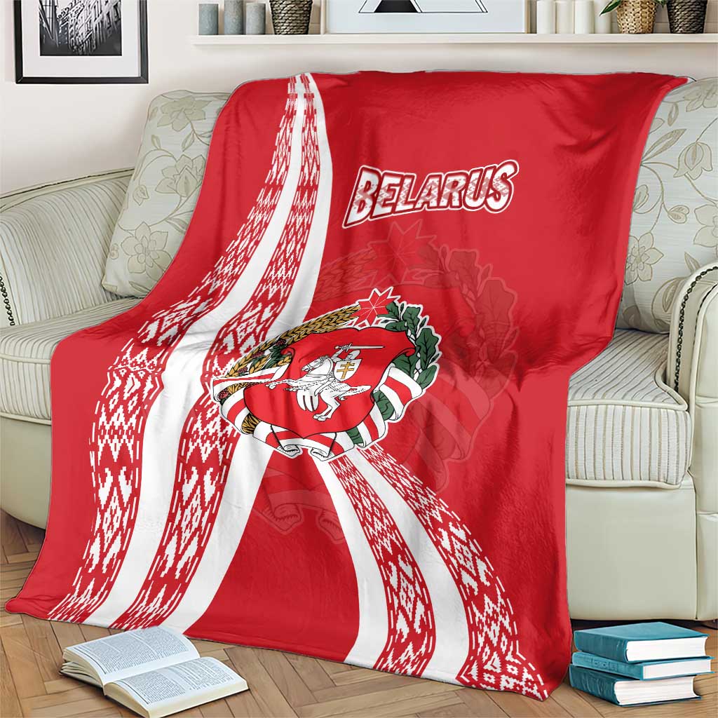 Belarus Blanket with National Emblem and Traditional Pattern Red