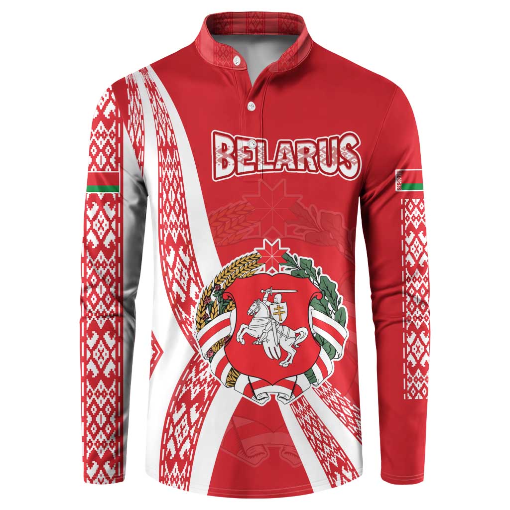 Belarus Button Sweatshirt with National Emblem and Traditional Pattern Red
