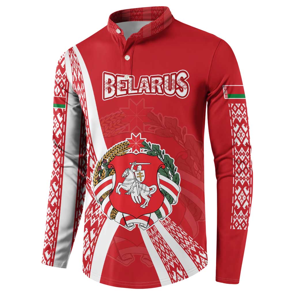 Belarus Button Sweatshirt with National Emblem and Traditional Pattern Red