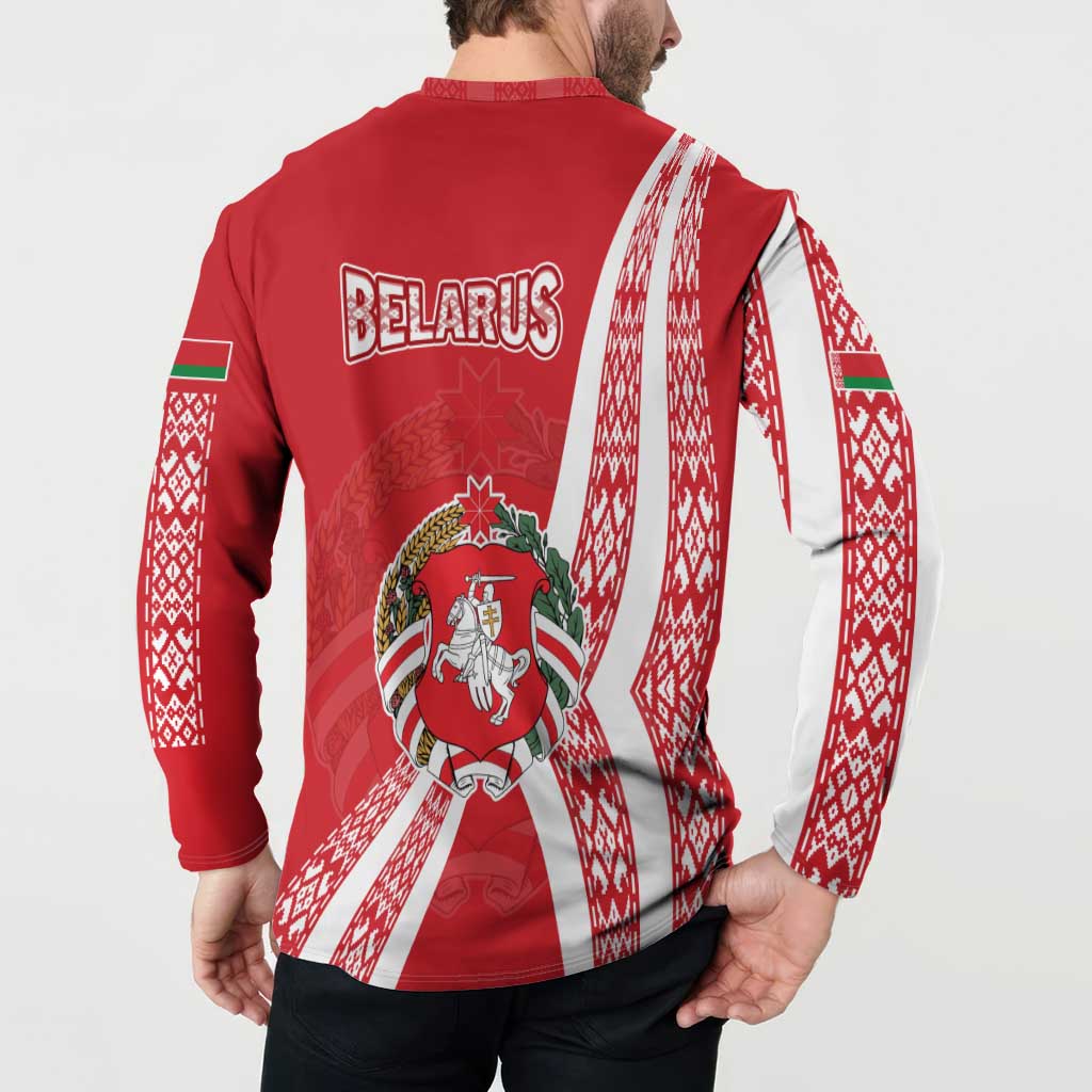 Belarus Button Sweatshirt with National Emblem and Traditional Pattern Red