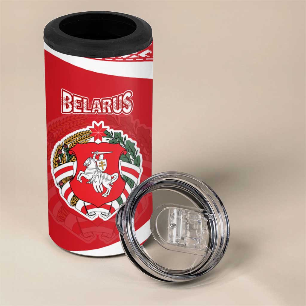 Belarus 4 in 1 Can Cooler Tumbler with National Emblem and Traditional Pattern Red