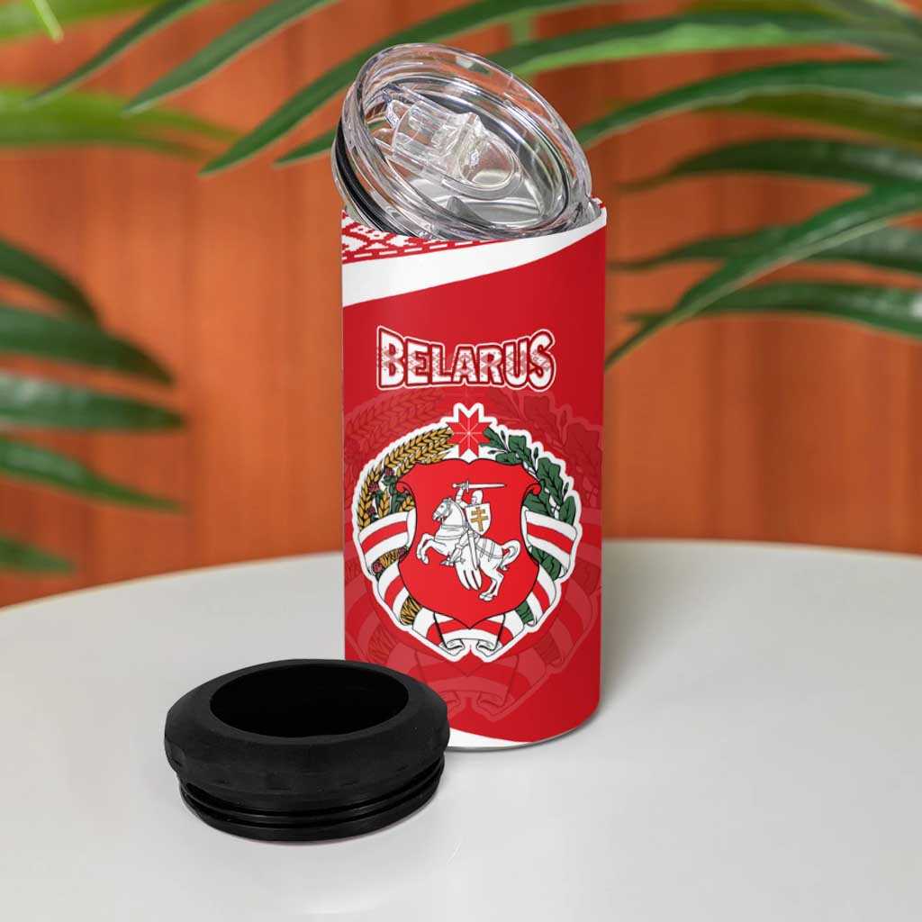 Belarus 4 in 1 Can Cooler Tumbler with National Emblem and Traditional Pattern Red