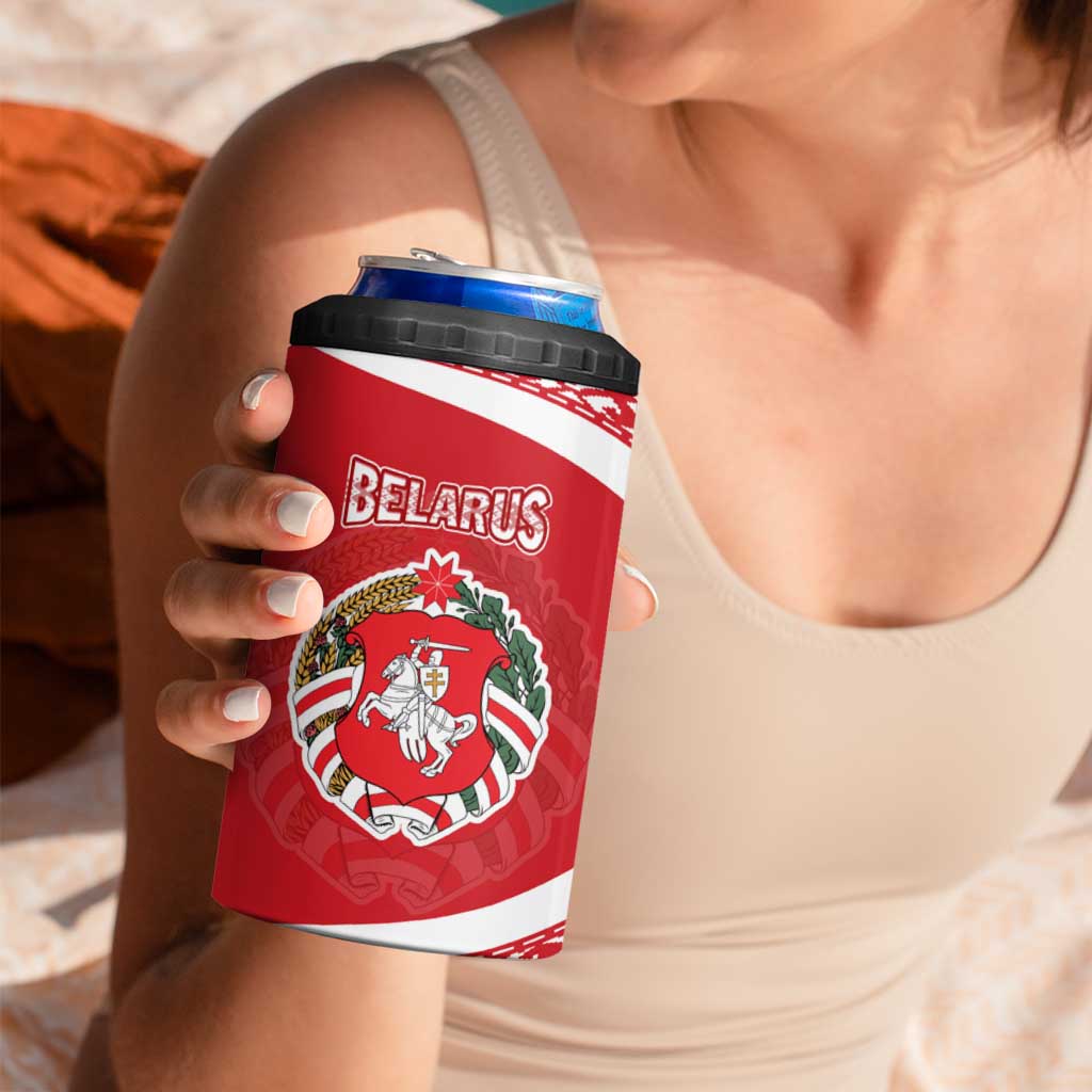 Belarus 4 in 1 Can Cooler Tumbler with National Emblem and Traditional Pattern Red