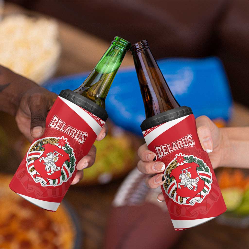 Belarus 4 in 1 Can Cooler Tumbler with National Emblem and Traditional Pattern Red