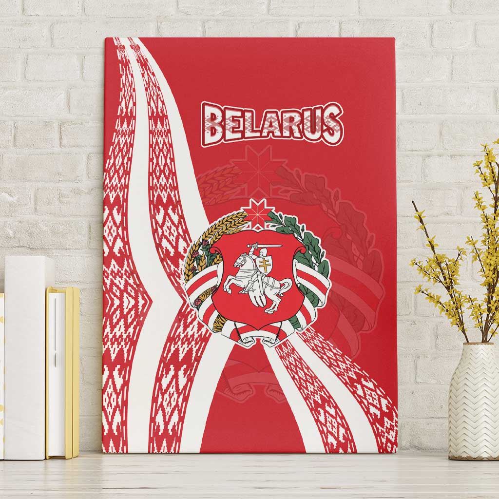 Belarus Canvas Wall Art with National Emblem and Traditional Pattern Red