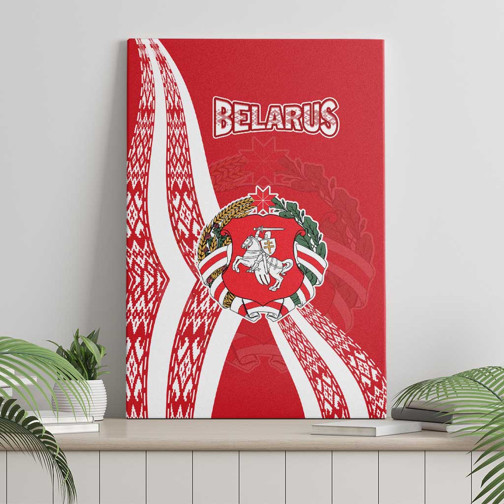 Belarus Canvas Wall Art with National Emblem and Traditional Pattern Red