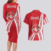 Belarus Couples Matching Long Sleeve Bodycon Dress and Hawaiian Shirt with National Emblem and Traditional Pattern Red