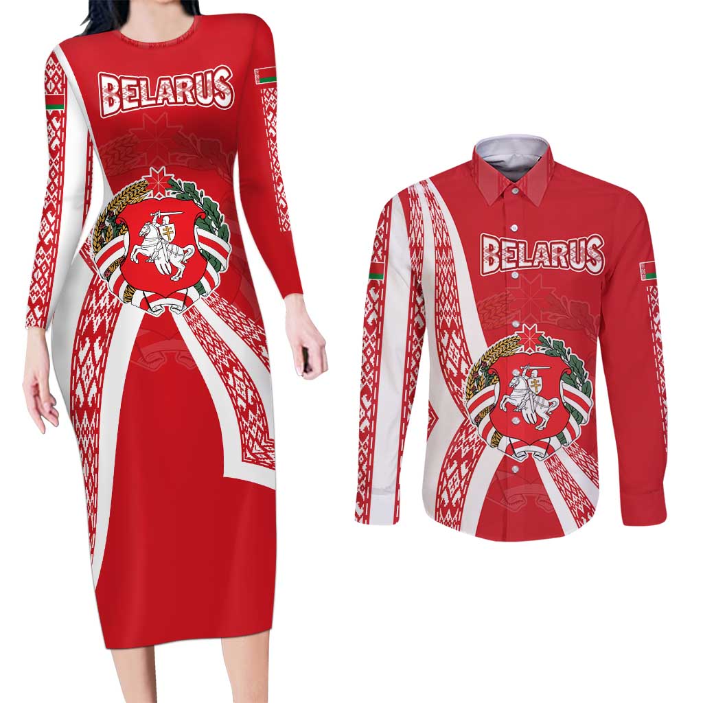 Belarus Couples Matching Long Sleeve Bodycon Dress and Long Sleeve Button Shirt with National Emblem and Traditional Pattern Red