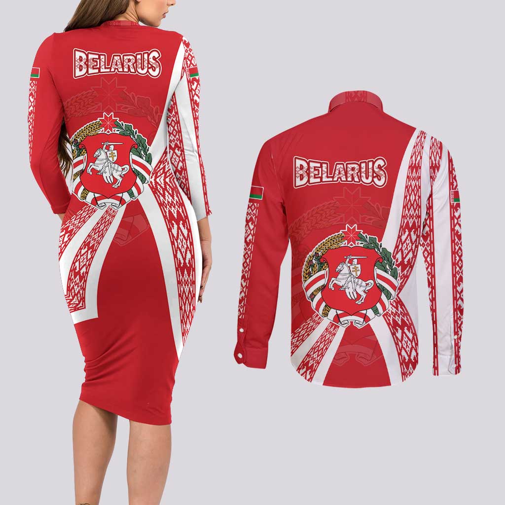 Belarus Couples Matching Long Sleeve Bodycon Dress and Long Sleeve Button Shirt with National Emblem and Traditional Pattern Red