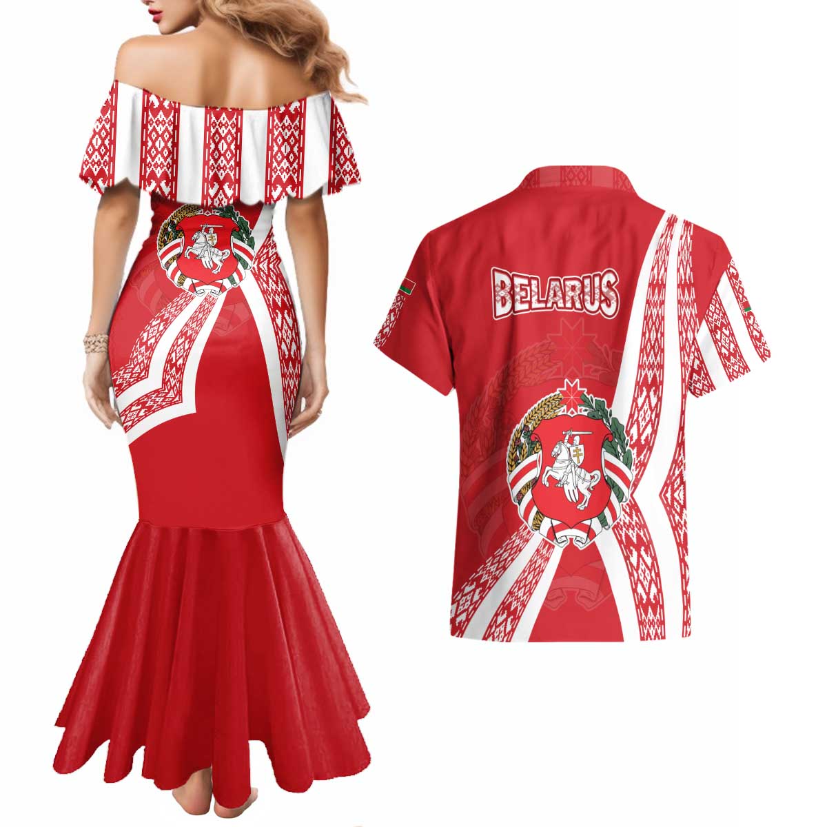 Belarus Couples Matching Mermaid Dress and Hawaiian Shirt with National Emblem and Traditional Pattern Red