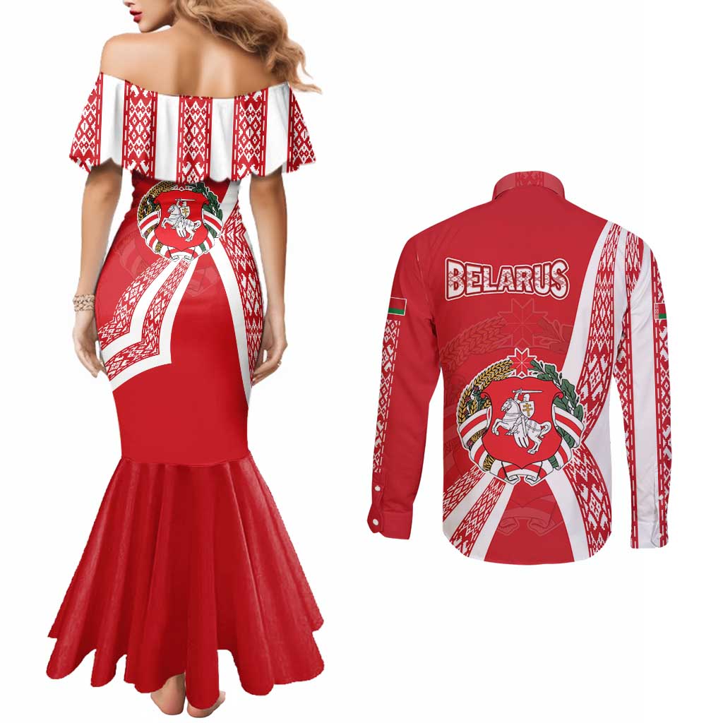 Belarus Couples Matching Mermaid Dress and Long Sleeve Button Shirt with National Emblem and Traditional Pattern Red