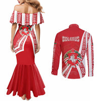 Belarus Couples Matching Mermaid Dress and Long Sleeve Button Shirt with National Emblem and Traditional Pattern Red