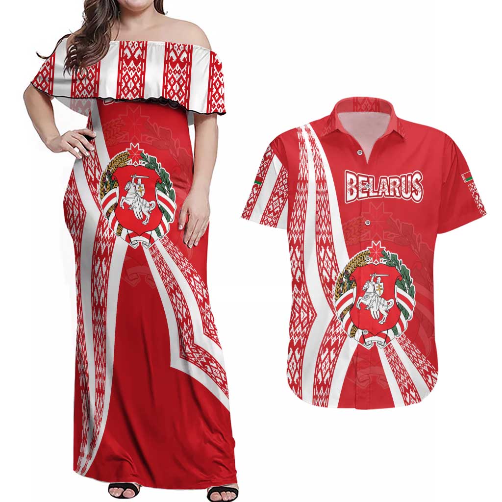 Belarus Couples Matching Off Shoulder Maxi Dress and Hawaiian Shirt with National Emblem and Traditional Pattern Red
