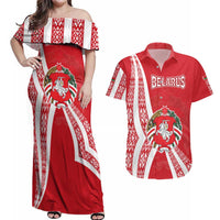 Belarus Couples Matching Off Shoulder Maxi Dress and Hawaiian Shirt with National Emblem and Traditional Pattern Red
