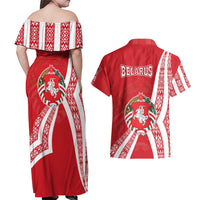 Belarus Couples Matching Off Shoulder Maxi Dress and Hawaiian Shirt with National Emblem and Traditional Pattern Red