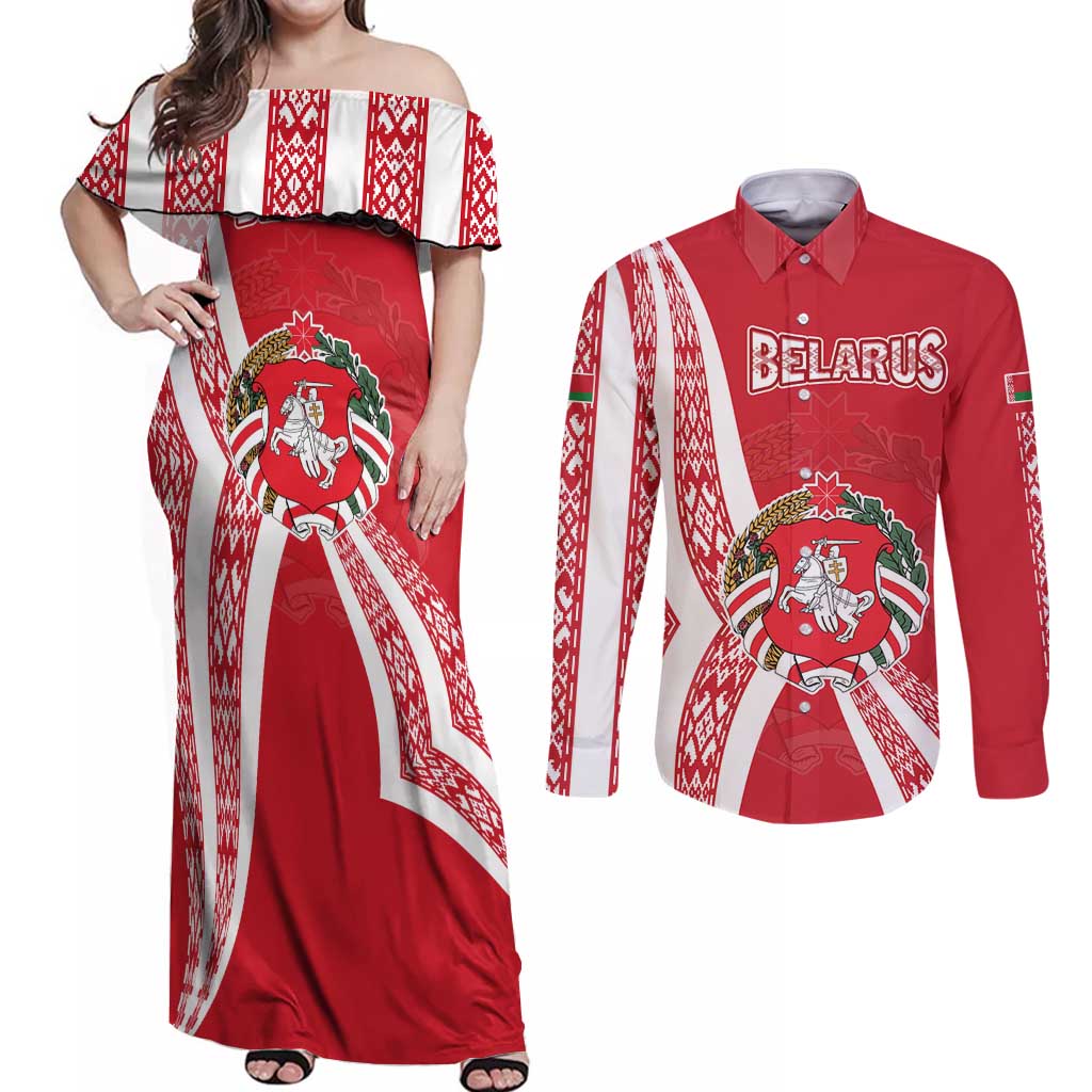 Belarus Couples Matching Off Shoulder Maxi Dress and Long Sleeve Button Shirt with National Emblem and Traditional Pattern Red