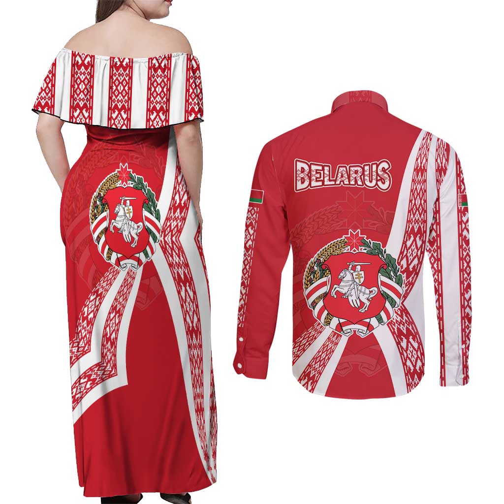 Belarus Couples Matching Off Shoulder Maxi Dress and Long Sleeve Button Shirt with National Emblem and Traditional Pattern Red