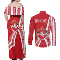 Belarus Couples Matching Off Shoulder Maxi Dress and Long Sleeve Button Shirt with National Emblem and Traditional Pattern Red