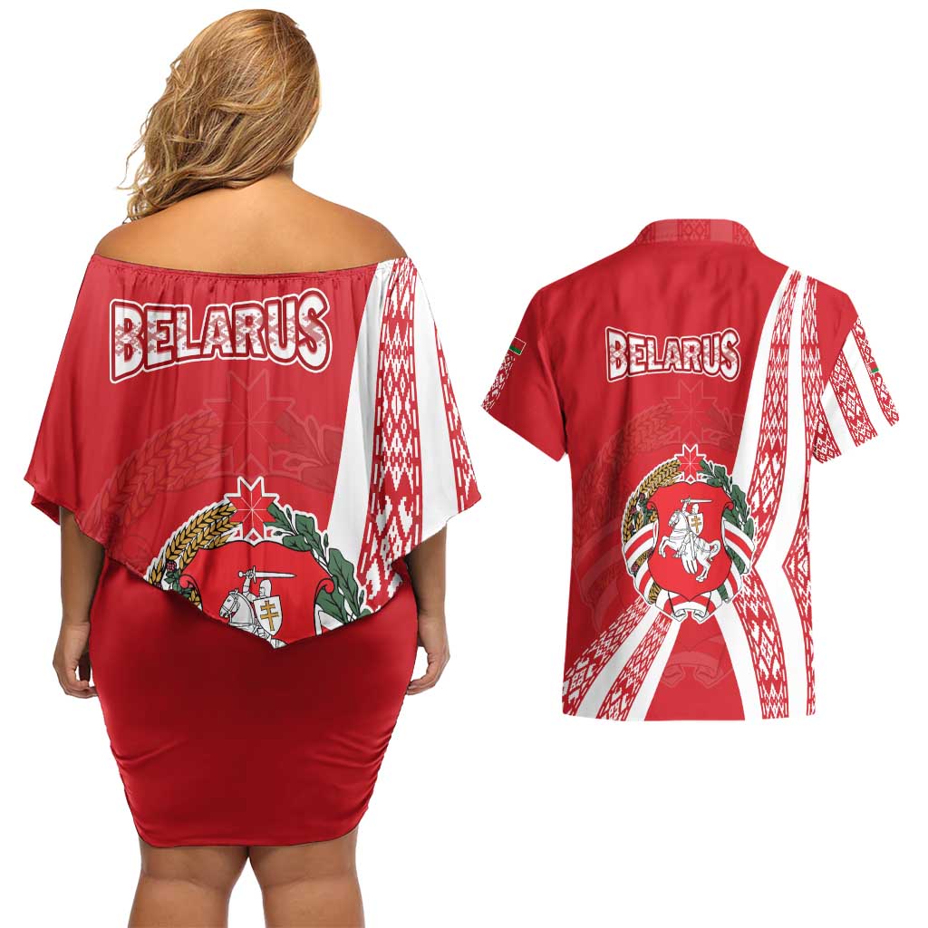 Belarus Couples Matching Off Shoulder Short Dress and Hawaiian Shirt with National Emblem and Traditional Pattern Red