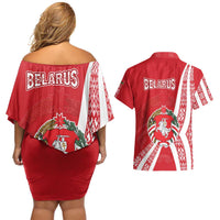 Belarus Couples Matching Off Shoulder Short Dress and Hawaiian Shirt with National Emblem and Traditional Pattern Red