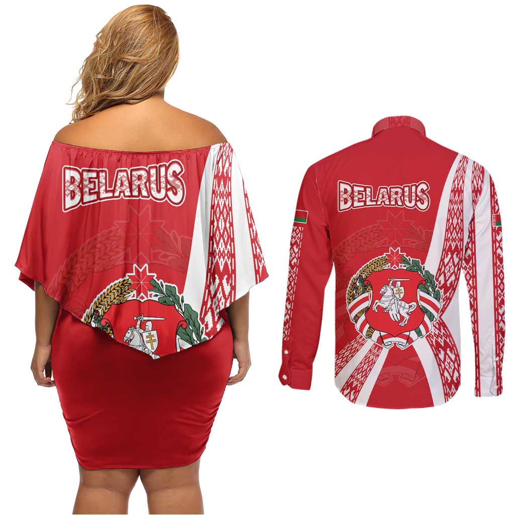 Belarus Couples Matching Off Shoulder Short Dress and Long Sleeve Button Shirt with National Emblem and Traditional Pattern Red