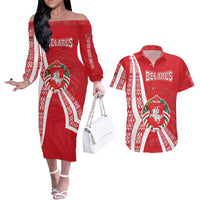Belarus Couples Matching Off The Shoulder Long Sleeve Dress and Hawaiian Shirt with National Emblem and Traditional Pattern Red