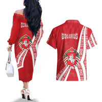 Belarus Couples Matching Off The Shoulder Long Sleeve Dress and Hawaiian Shirt with National Emblem and Traditional Pattern Red