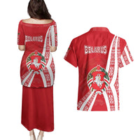 Belarus Couples Matching Puletasi and Hawaiian Shirt with National Emblem and Traditional Pattern Red