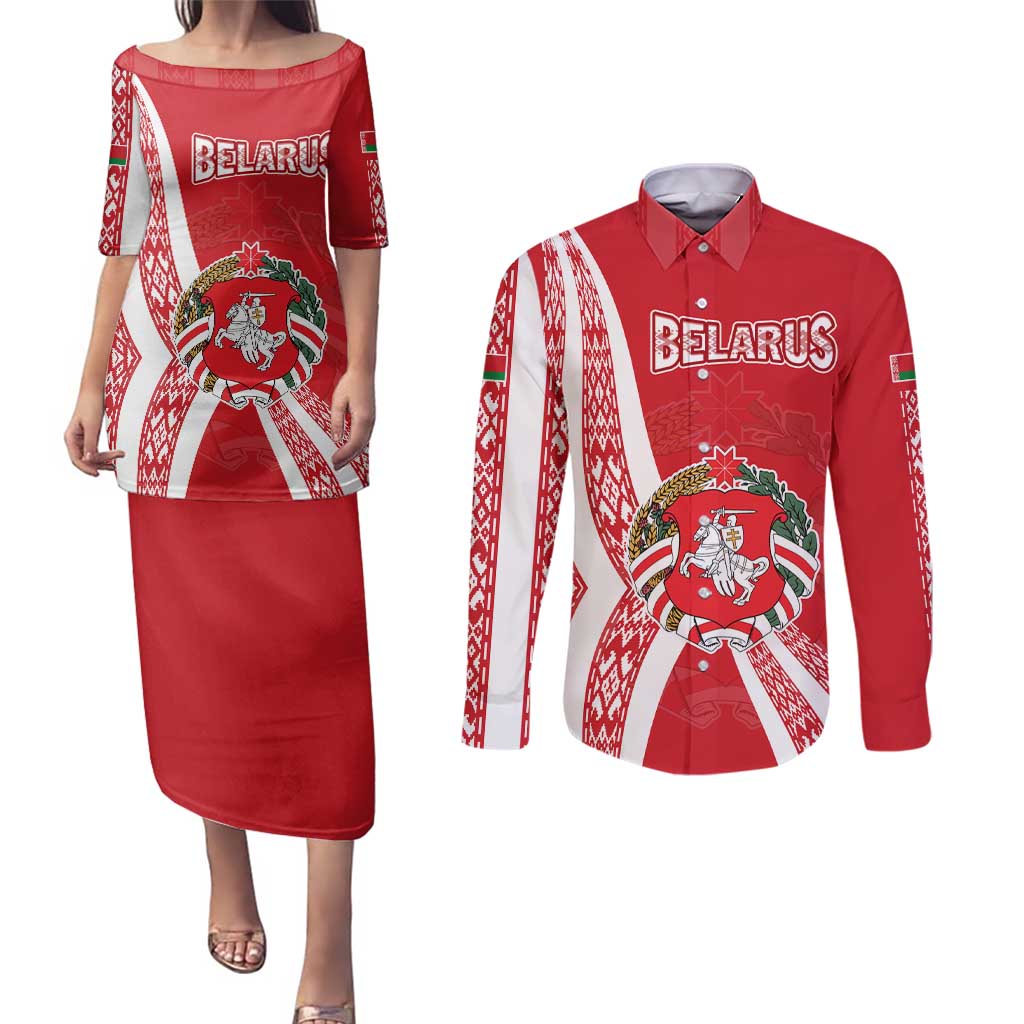 Belarus Couples Matching Puletasi and Long Sleeve Button Shirt with National Emblem and Traditional Pattern Red